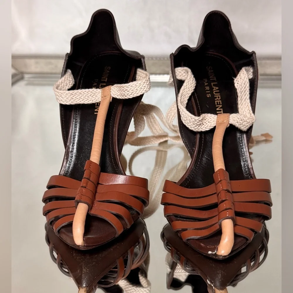 Saint Laurent Brown Leather High Heel Sandals with Cream Rope Trim - Picture 5 of 10